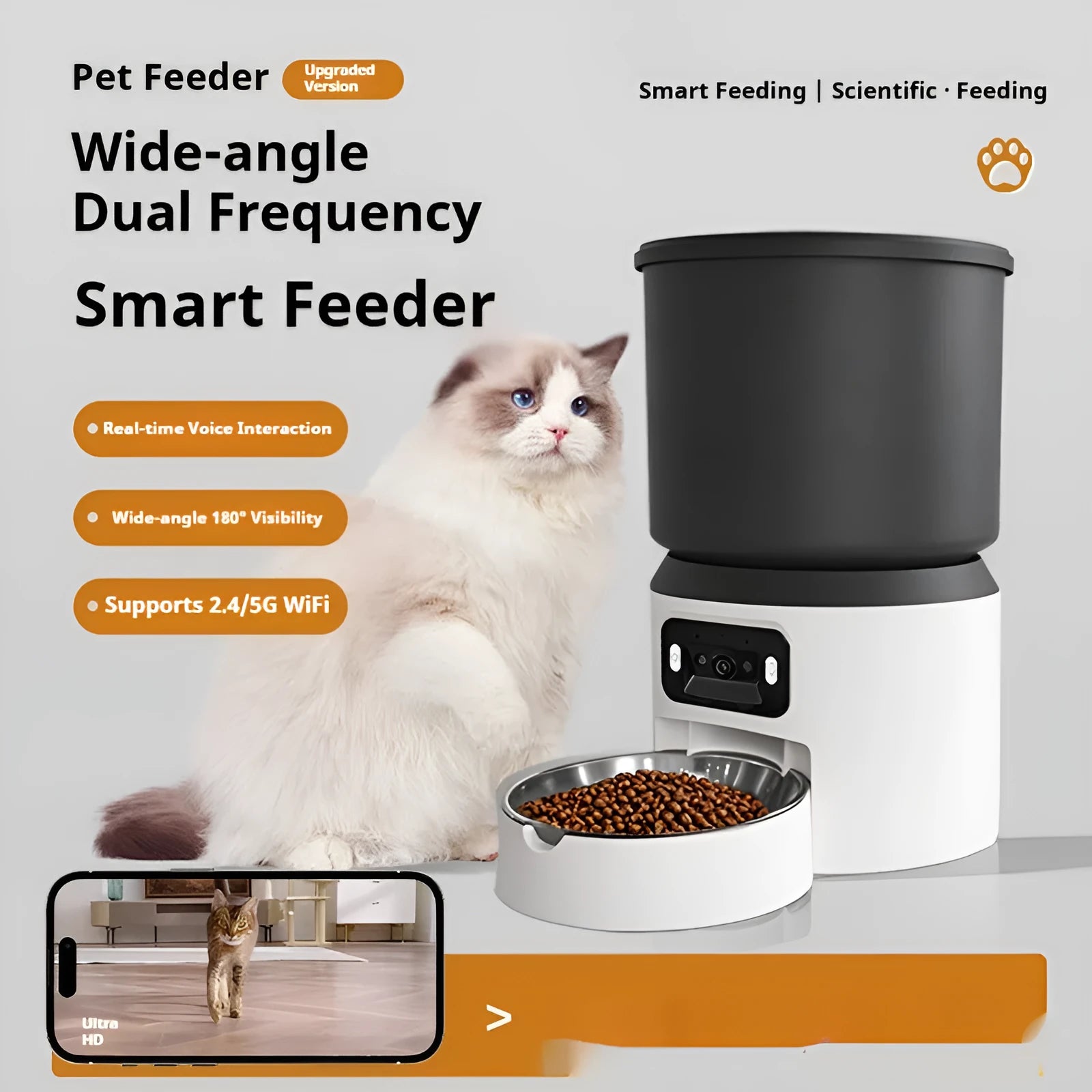 4L smart pet feeder with Wi-Fi and optional camera on a kitchen floor