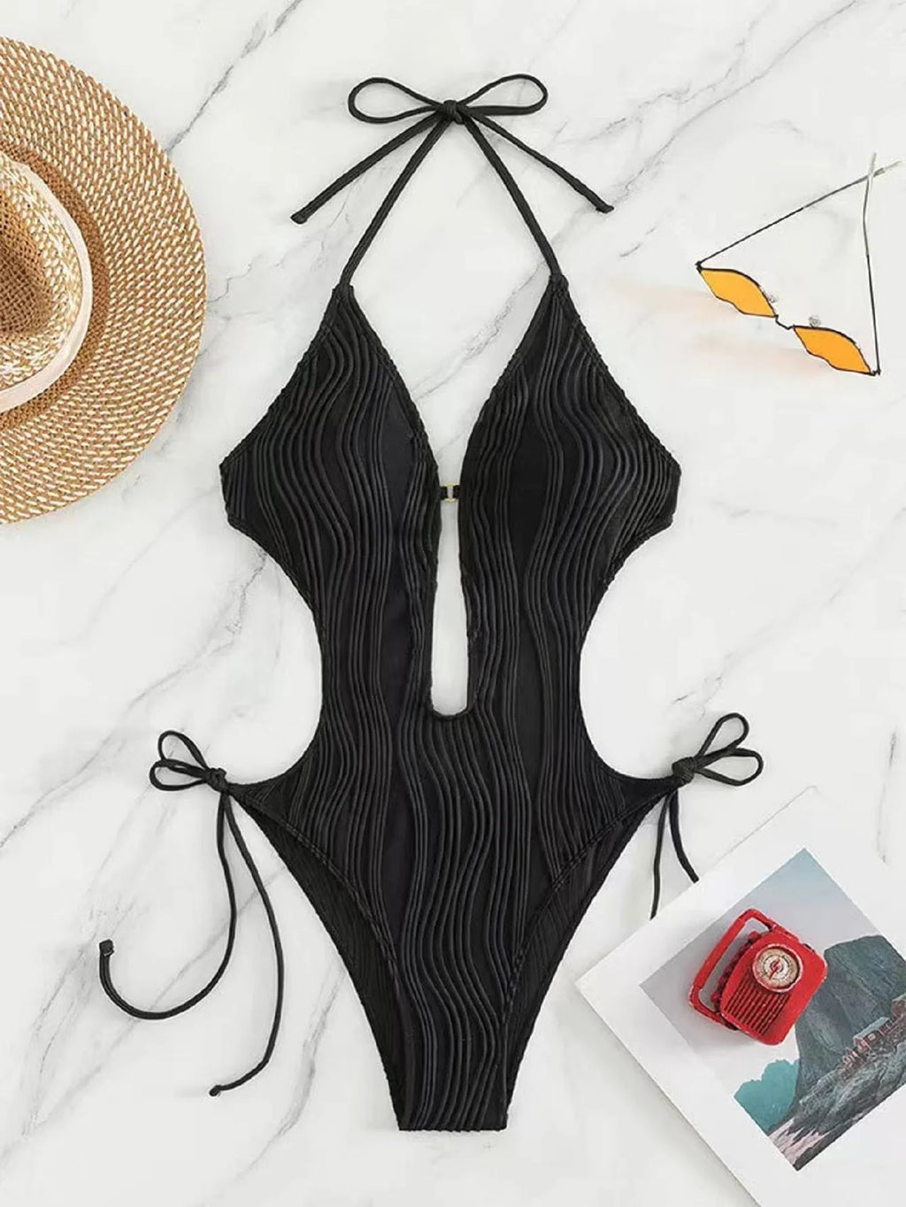 Women's lace up triangle bikini one-piece swimsuit in solid colour with adjustable front tie