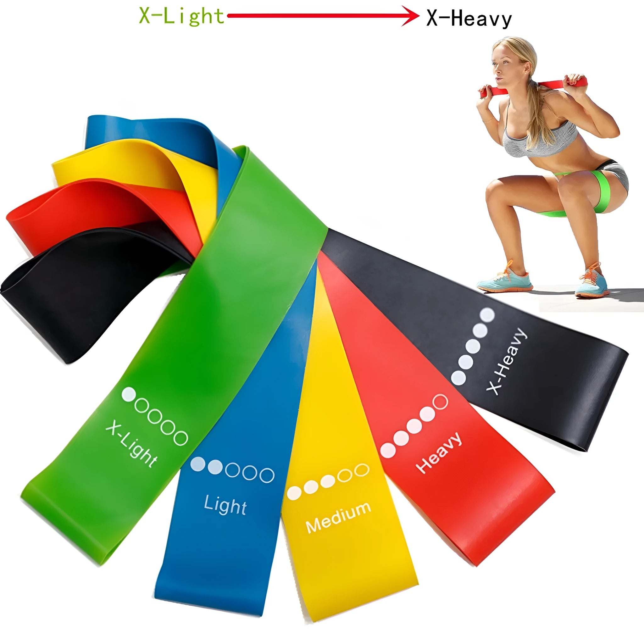 Five-piece yoga tension strap set in TPE fabric in solid colours green blue yellow red and black