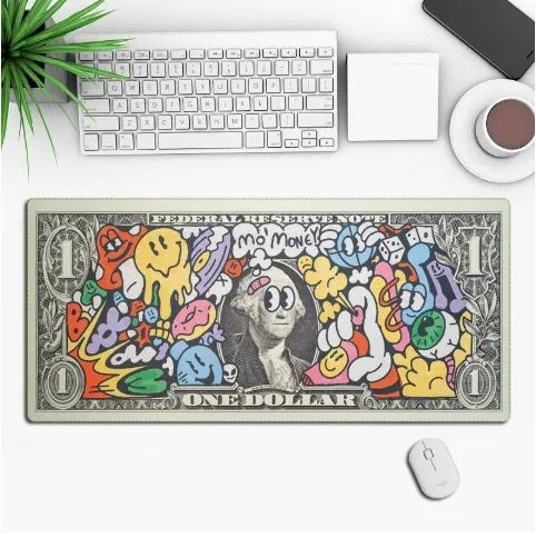 Large anime-themed gaming desk mouse pad with non-slip rubber cloth base on a wooden desk.