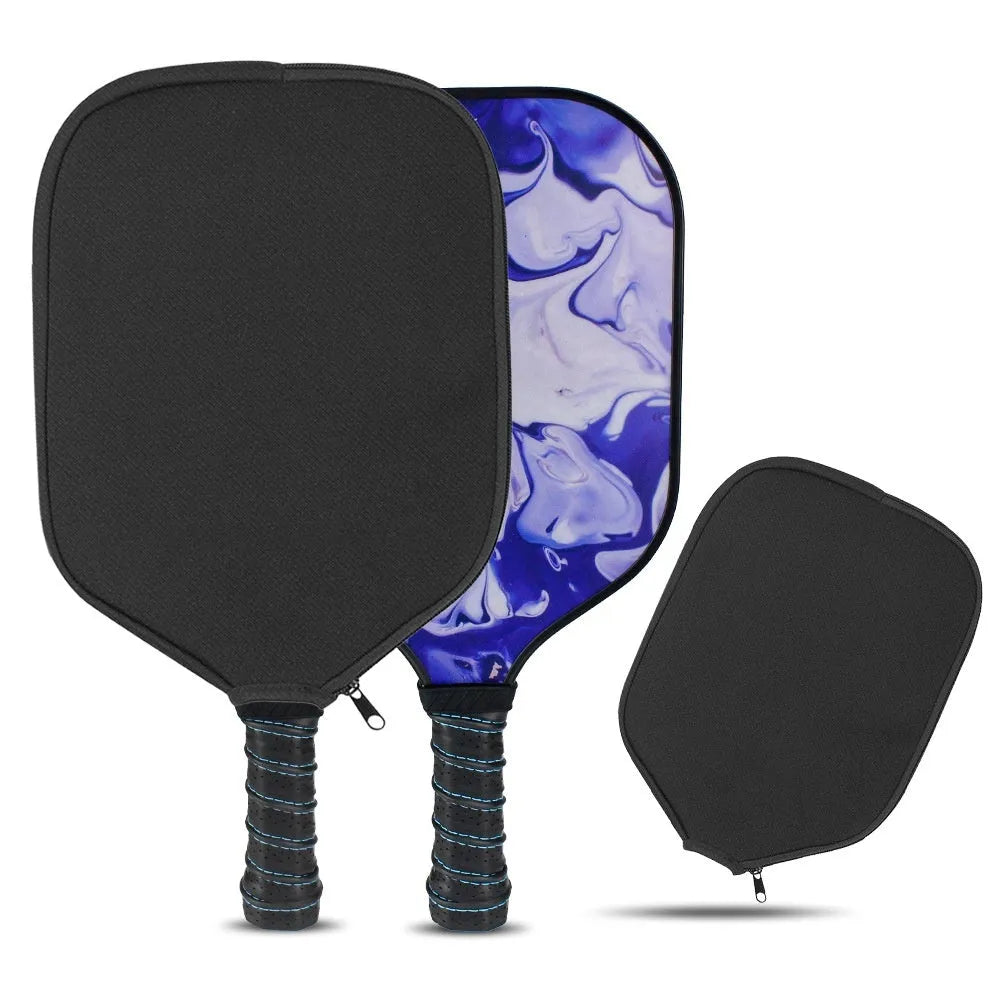 Black neoprene protective sleeve for table tennis racket, laid flat on surface