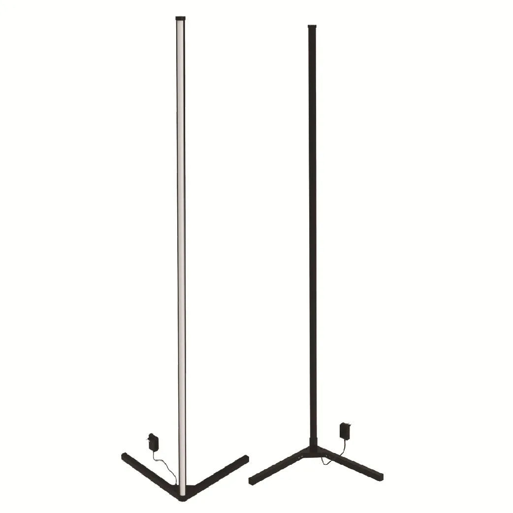 Black smart floor lamp with aluminium body and silicone shade, showing remote control