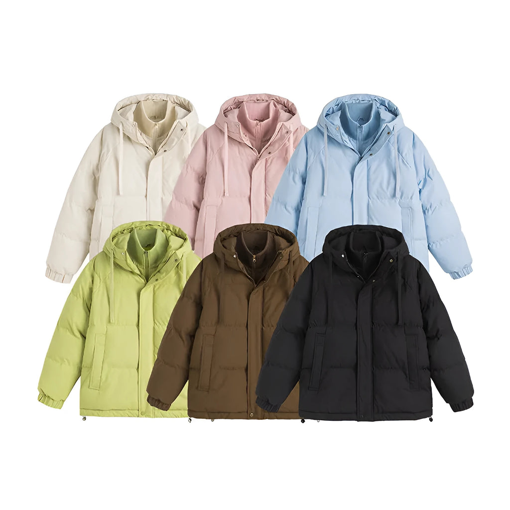 A loose-fitting, cardigan-style winter coat with a fake two-piece design and side seam pockets.
