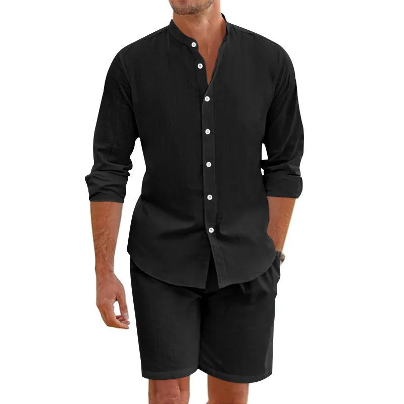 Men's dark grey linen blend short sleeve shirt and matching shorts two-piece set laid flat.