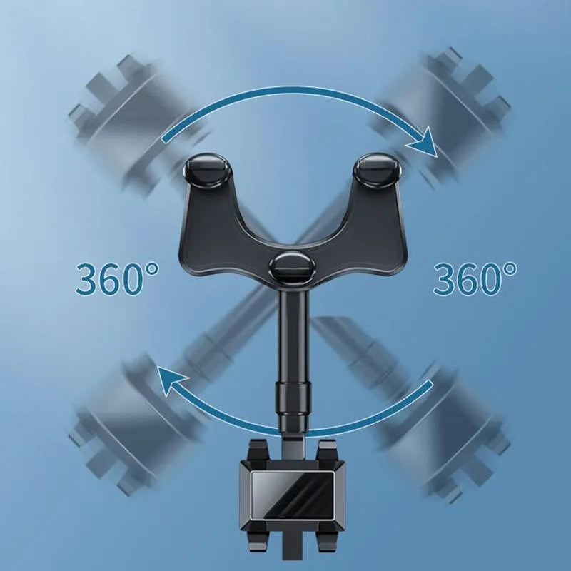 Black rearview mirror car phone holder with 360-degree rotation and telescopic arm extended