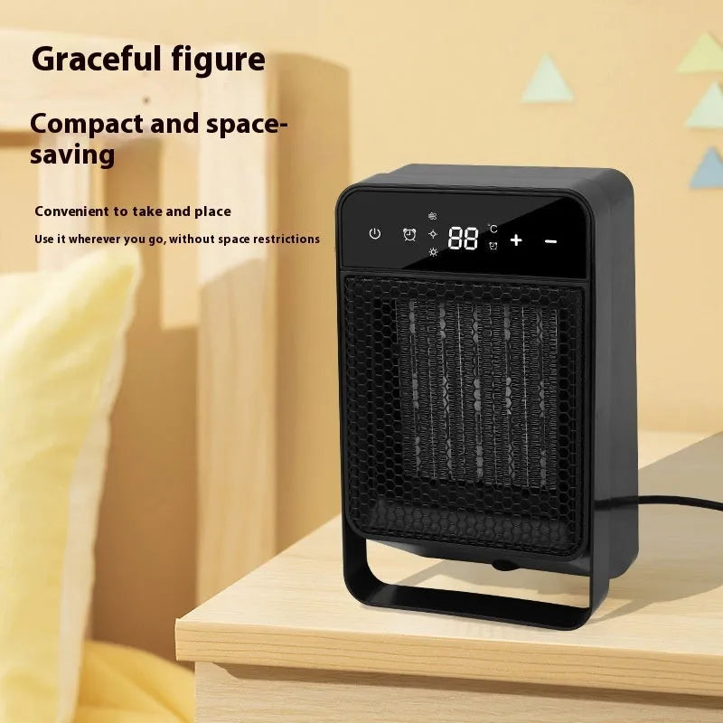 Desktop touch screen warm air blower heater with digital display and remote control on office desk