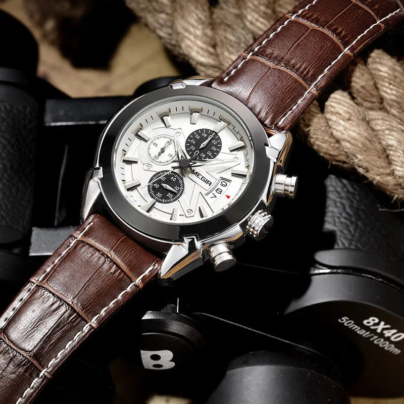 Men's multifunctional quartz watch with three sub-dials, waterproof construction and luminous elements