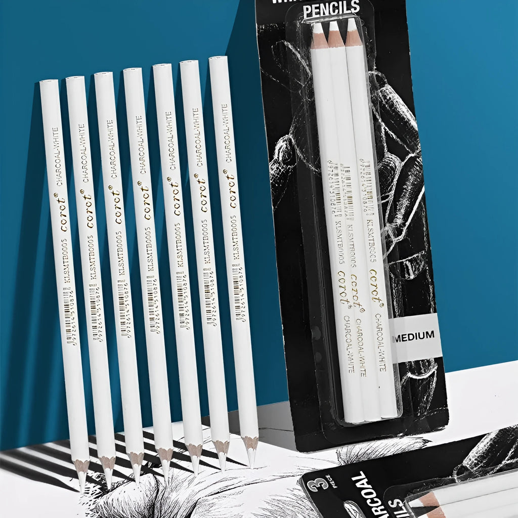 White charcoal pencil highlighting pen with wooden shell showing three pencils in packaging