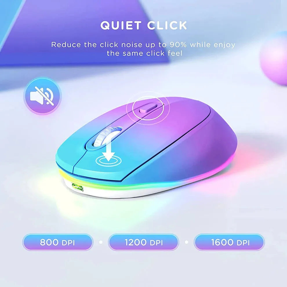 24g wireless rechargeable mouse in multiple colours, shown next to a USB charging cable.