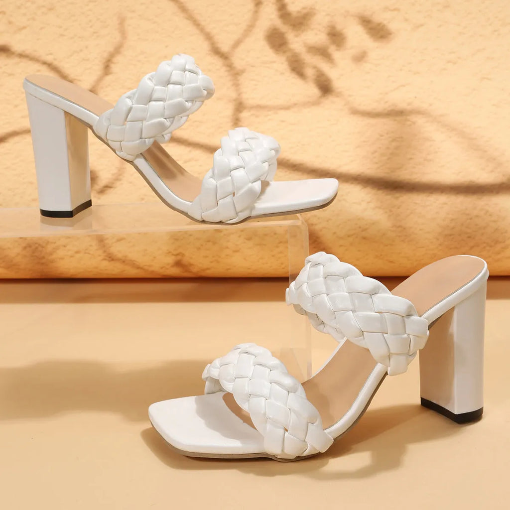 Women's square toe flip-flops with a chunky heel and woven twisted PU upper in white.