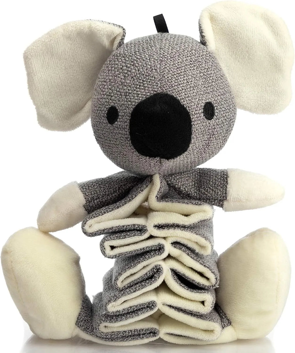 Grey koala dog chew toy with squeaker and crinkle paper, measuring 30cm long.
