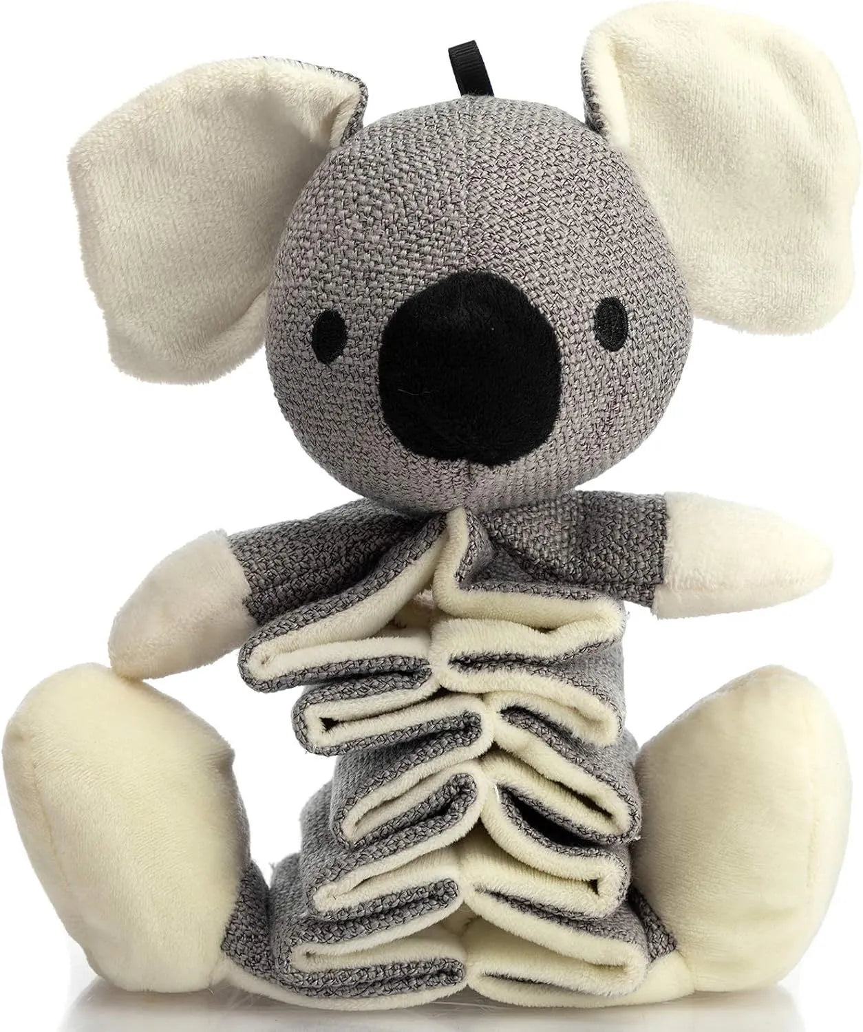 Grey koala dog chew toy with squeaker and crinkle paper, measuring 30cm long.