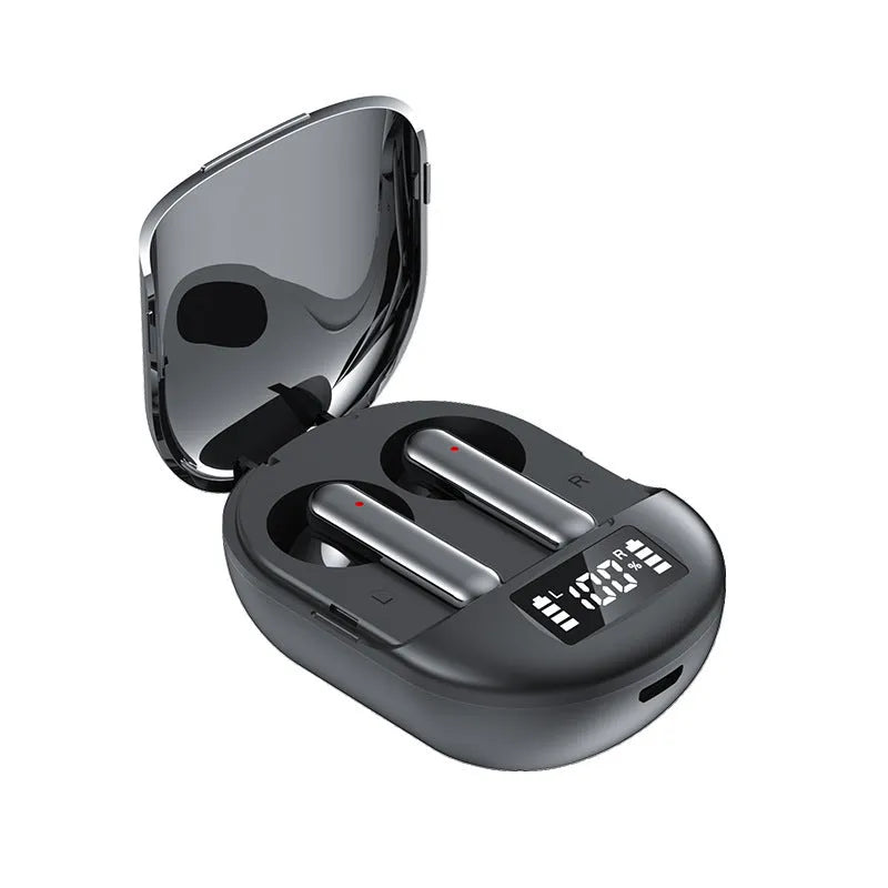 Black or white wireless Bluetooth in-ear headphones with digital display and charging bin