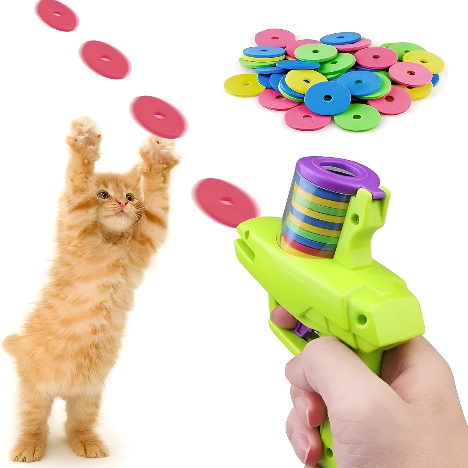 Green or purple battery-free cat toy launcher with foam disc and three foam balls