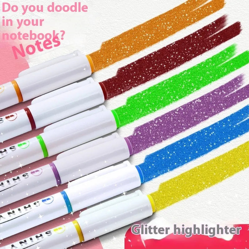 Set of four Sparkling Star River glitter fluorescent highlighter pens with slanted tips in assorted colours.
