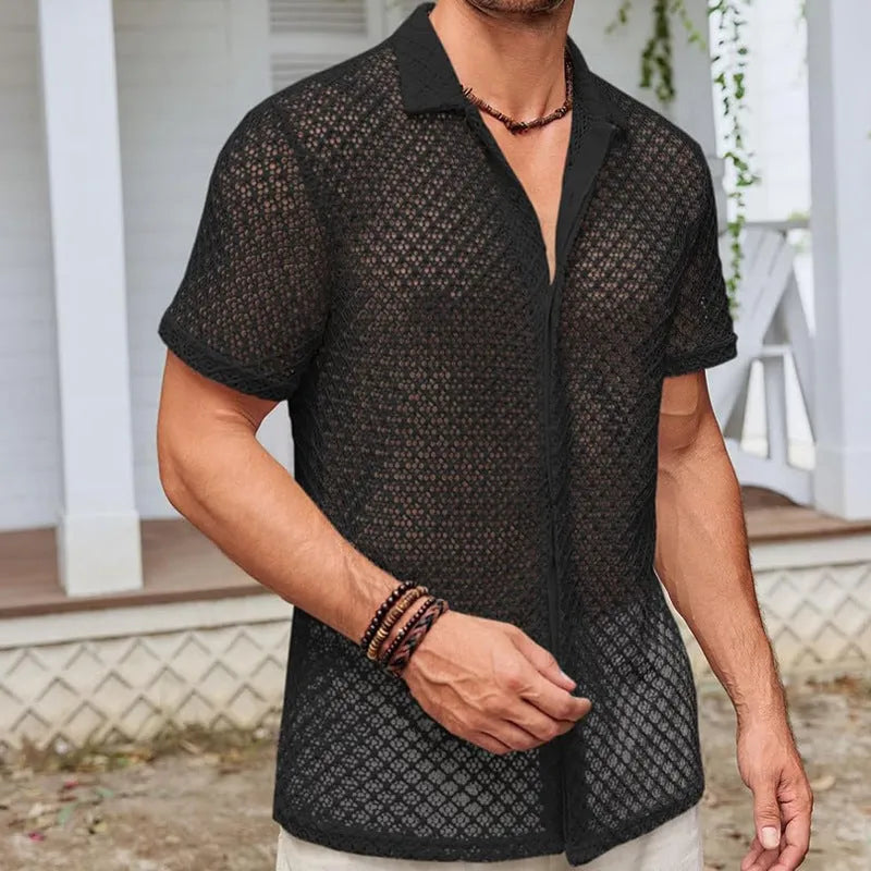 Men's short sleeve mesh shirt with lapel collar in solid colour