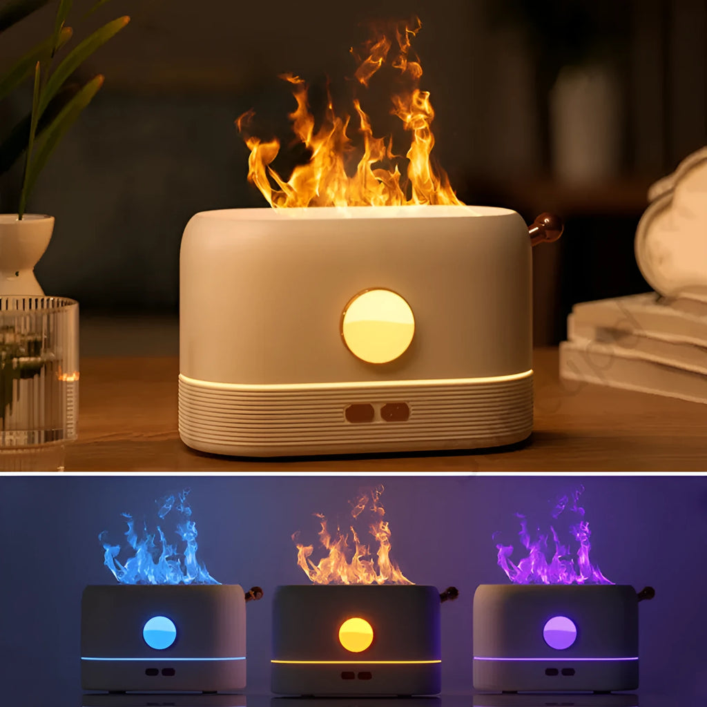 USB desktop humidifier with decorative flame effect showing black plastic construction