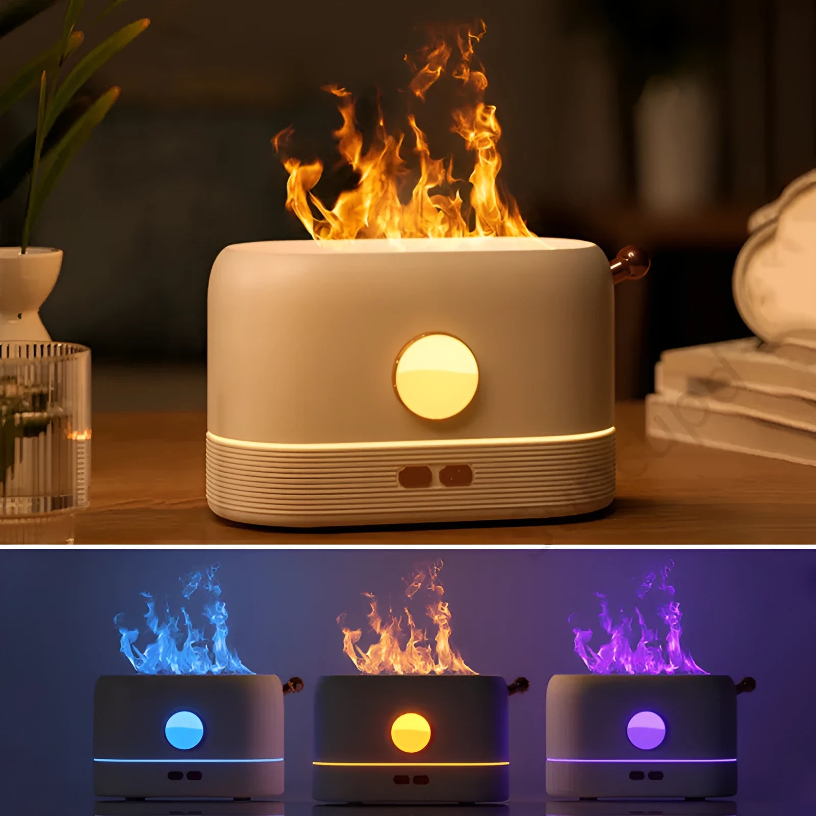 USB desktop humidifier with decorative flame effect showing black plastic construction