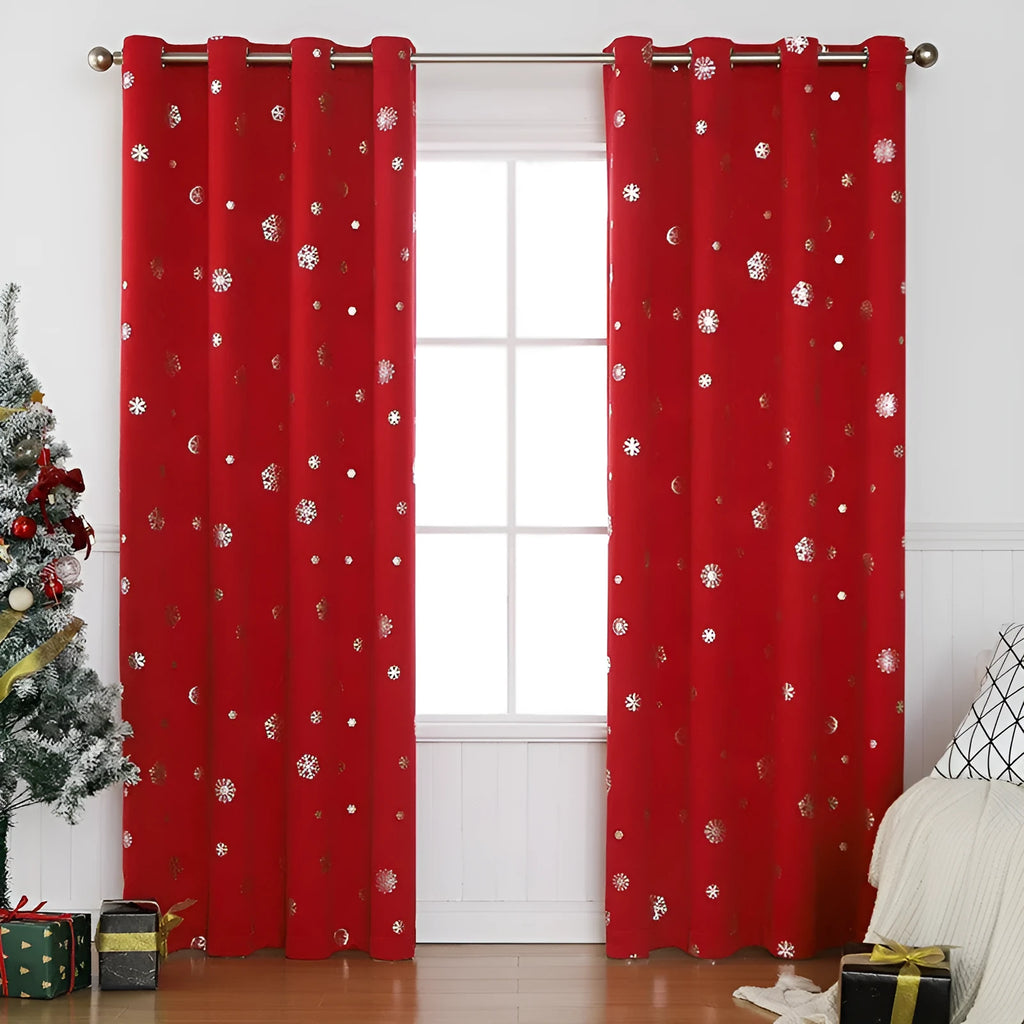 Snowflake pattern shade cloth curtain in green or red with lace loop or iron hoop styling