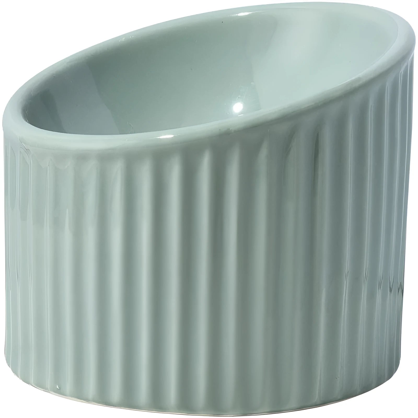 A dark green ceramic elevated cat bowl with a tilted, round rim on a wooden surface.