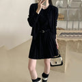 Women's grey knitted vest skirt and cardigan two-piece set with pleated design and belt