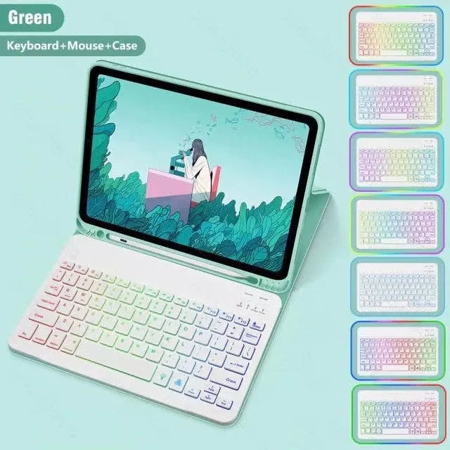 iPad protective case with luminous Bluetooth keyboard and leather sheath in black, featuring RGB three-color backlighting