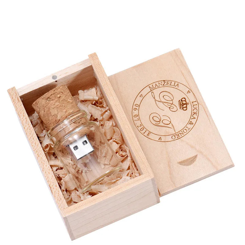 Chocolate brown wooden USB flash drive with custom lettering showing dimensions of 8.5cm by 5.6cm