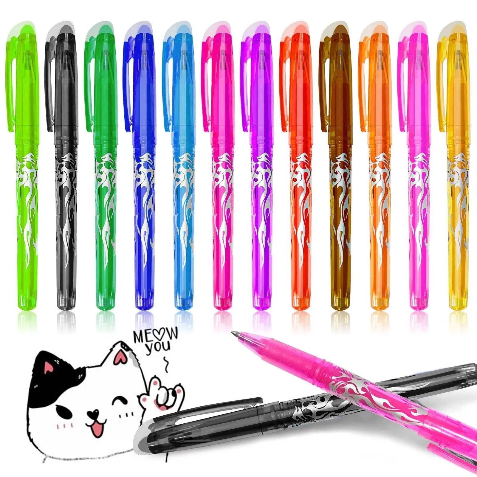 A set of heat-erasable gel pens with plastic shells and stainless steel nibs, showing the 0.5mm and 0.7mm options.