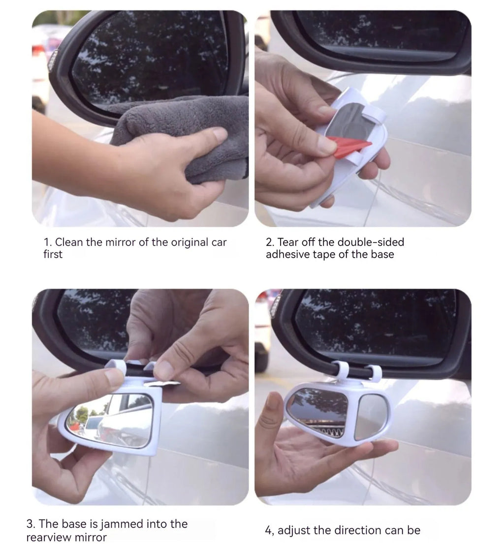 A 10.5x6.5cm car reversing mirror with 360-degree adjustability, high-definition glass, and ABS shell in a black finish