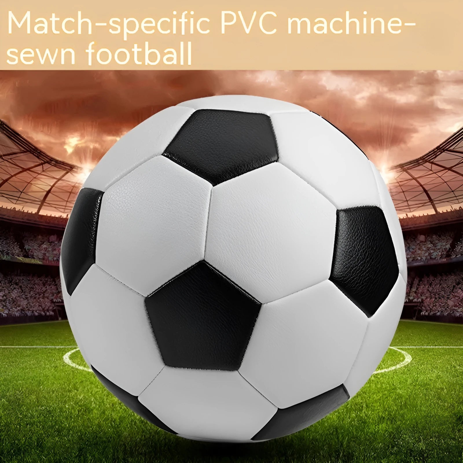 PVC machine-seam football in three sizes (No3, No4, No5) showing various colour and pattern design options.