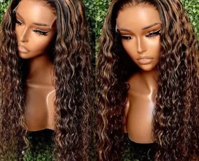 Long curly lace wig headgear with side bangs in black, high temperature fibre, available in 12 to 32 inch lengths