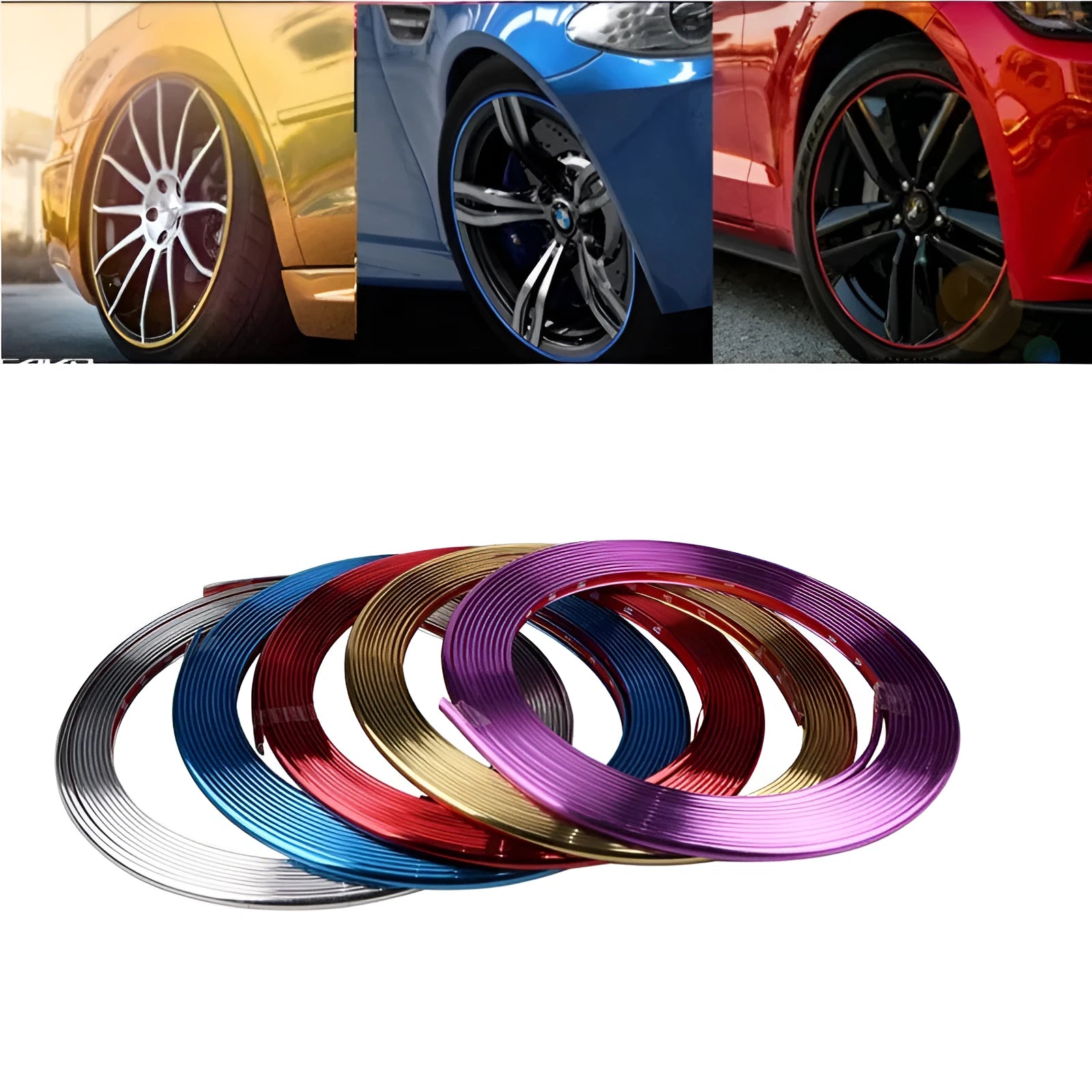 Galvanized wheel sticker in electroplating purple on a car wheel rim as a PVC anti-collision guard circle