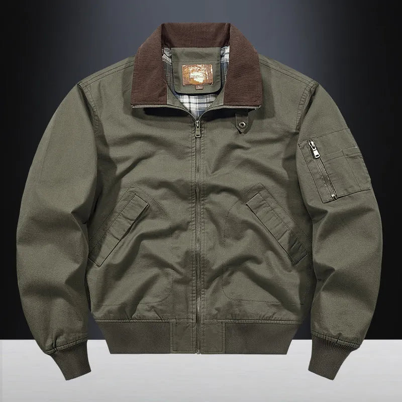 Men's camel coloured washed cotton baseball style jacket showing front view.