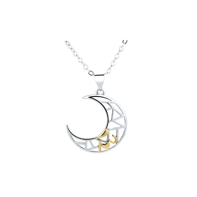 Copper sun and moon tooth couple necklace with electroplated finish on cross chain.
