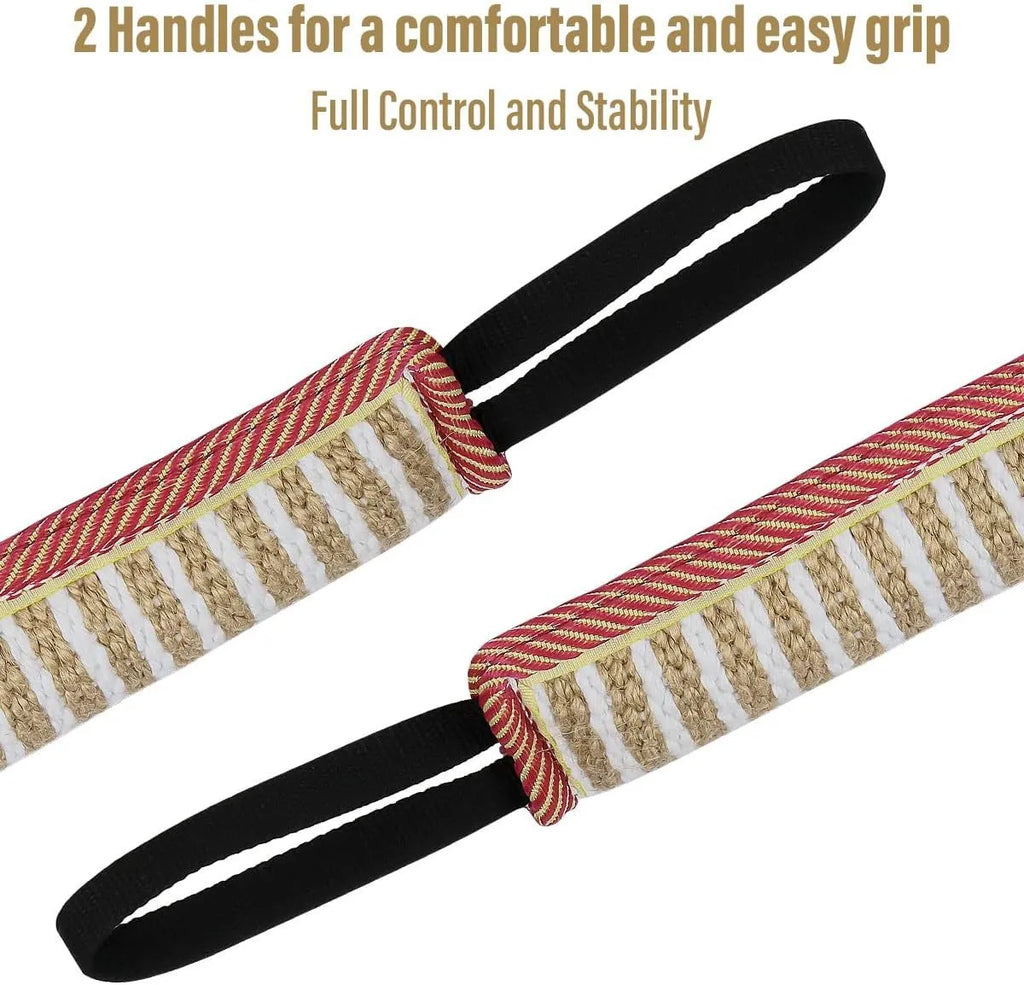 Beige jute dog tug toy with two handles on a white background.