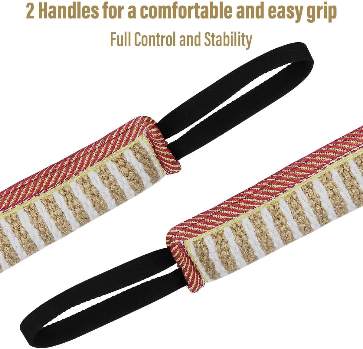 Beige jute dog tug toy with two handles on a white background.