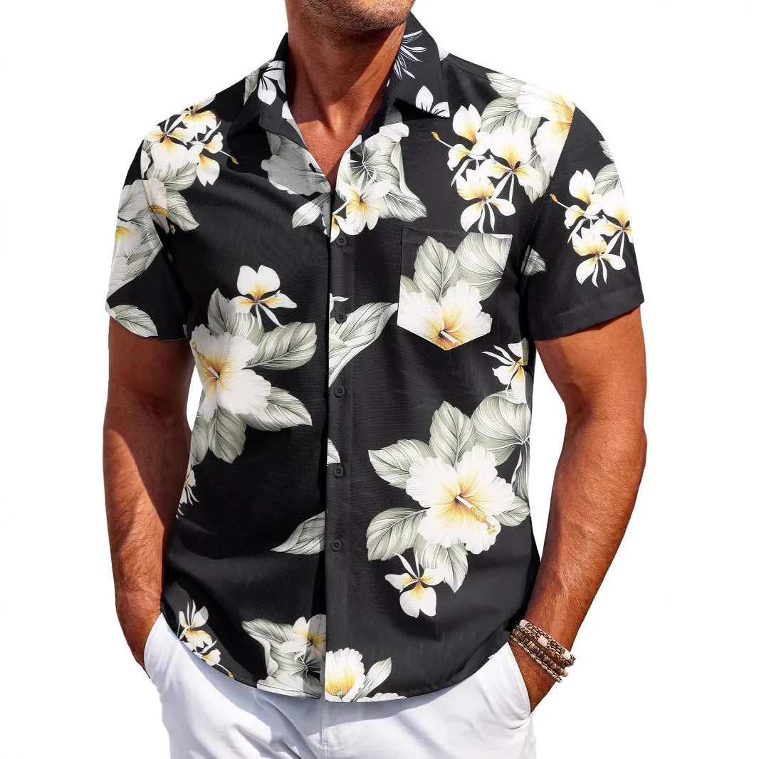 Men's slim fit Hawaiian shirt with tropical print and short sleeves on mannequin