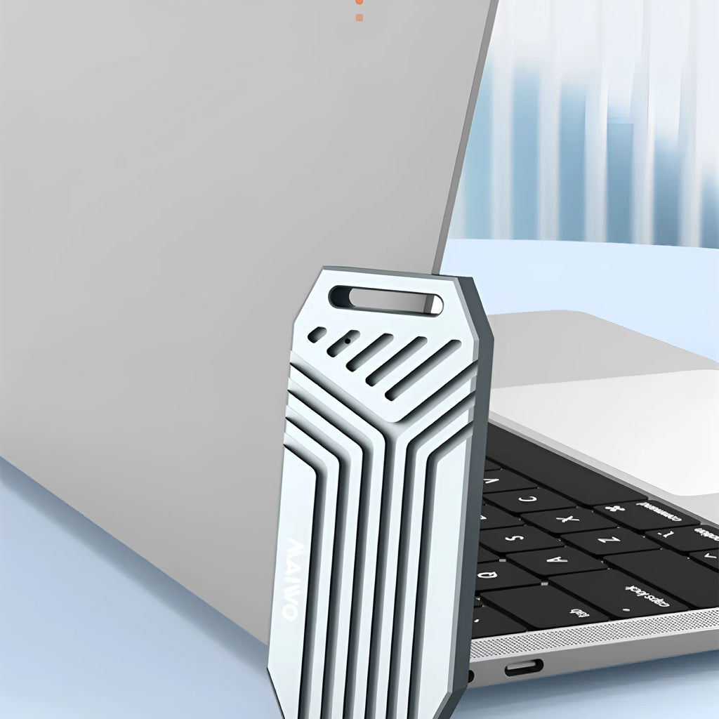 USB 4.0 aluminium M.2 NVMe SSD external hard drive enclosure case in silver and grey colours