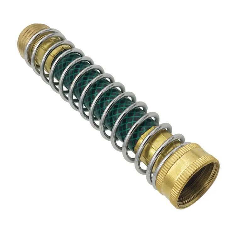 Brass garden hose connector with a coiled spring and 3/4 inch threaded ends on a white background.