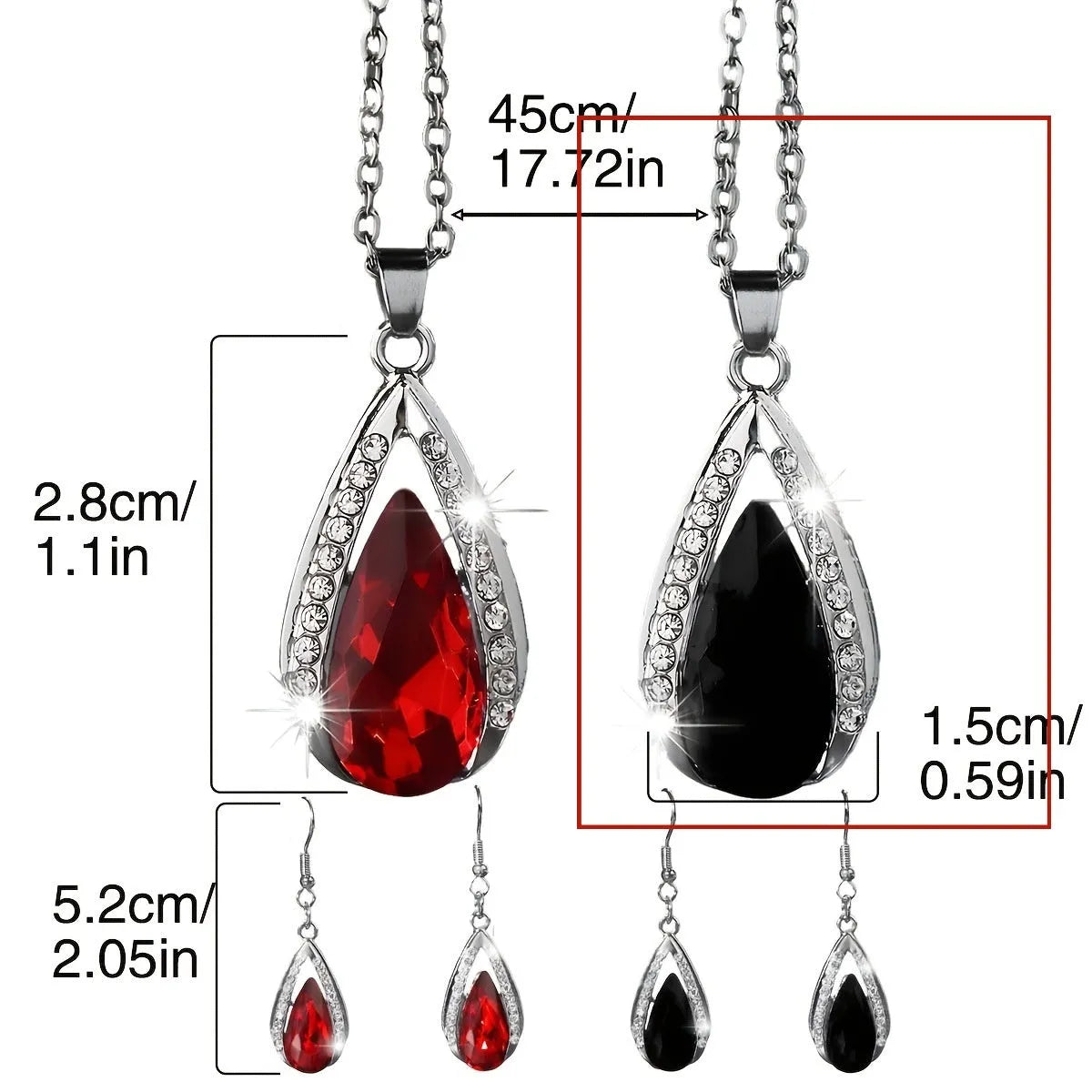 Black and red teardrop glass pendant necklace and matching earrings jewellery set.