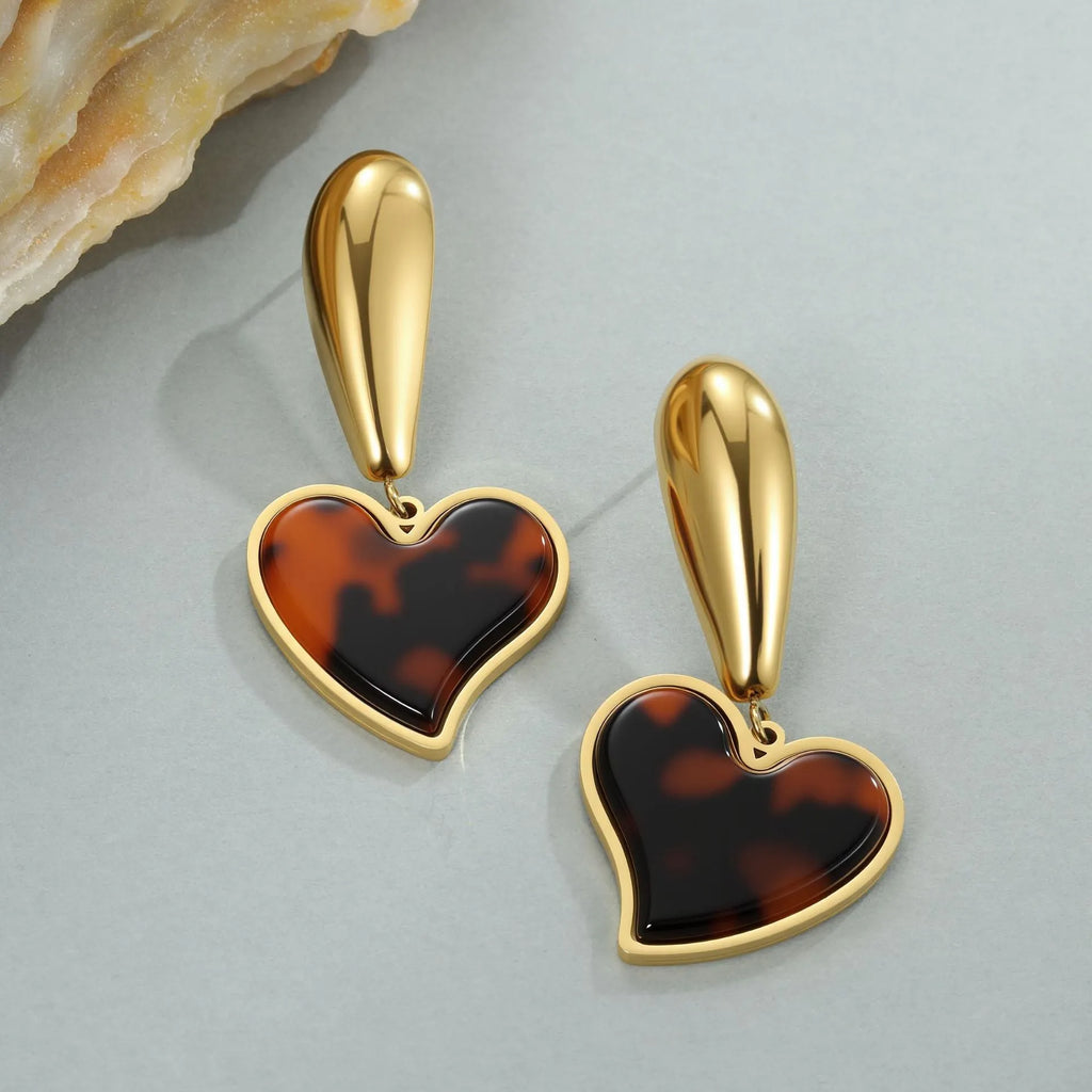Women's tortoiseshell resin hawksbill colour earrings with 18K gold electroplated stainless steel in flower and heart-shaped designs