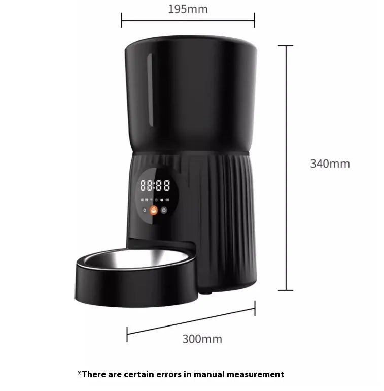 Black and white intelligent pet feeder with smartphone app remote control for automatic feeding