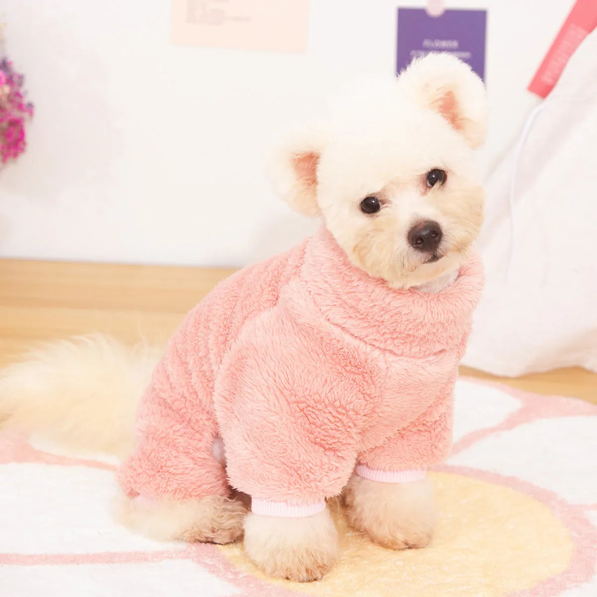 Double-sided thick plush dog clothes with high collar in khaki, pink, or blue colours showing four-legged design