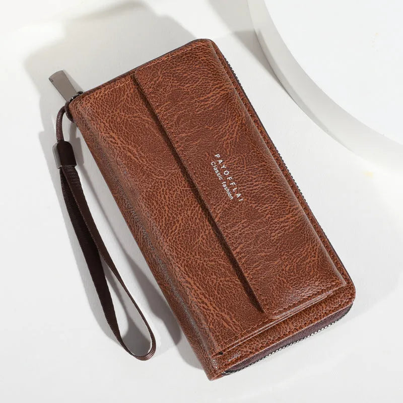 Men's black PU leather long wallet with multiple card slots showing its slim profile.