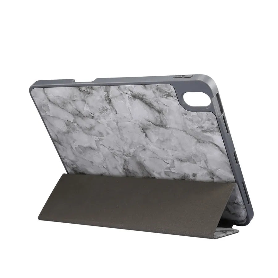 Tri-fold marbling pattern iPad case with pen slot in dark grey, creamy white, purple, blue, or pink colours
