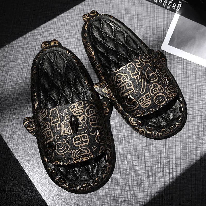 Pair of grey shark-shaped open-toe EVA home slippers on a white background.