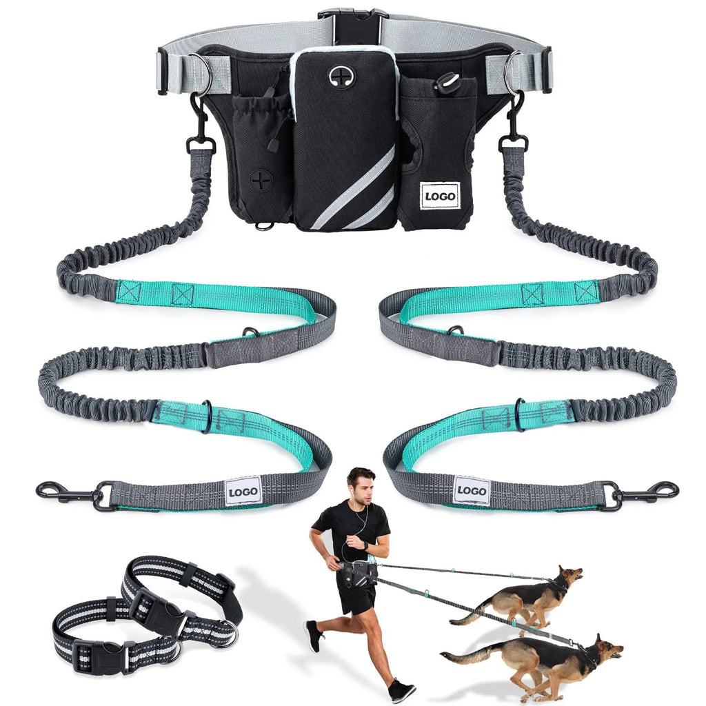 Black nylon dog walking waist bag with integrated leash for hands-free outdoor pet training