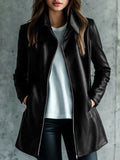 Women's black leather-effect polyester jacket with long sleeves, medium 65cm length, front view
