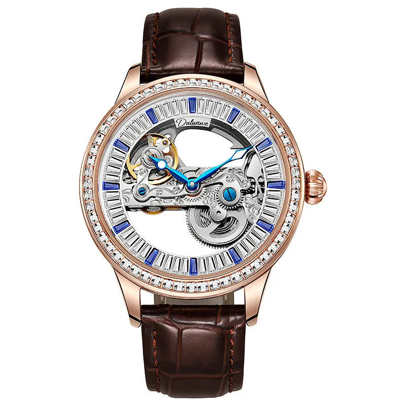 Men's mechanical business watch with transparent case back showing movement, available with leather or steel strap