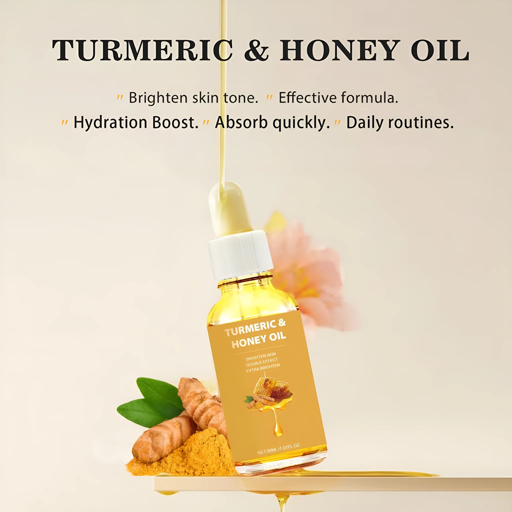 30ml bottle of turmeric honey essential oil in neutral packaging for facial beauty